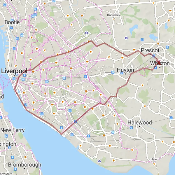 Map miniature of "Liverpool Central Library Terrace and Prescot Gravel Route" cycling inspiration in Merseyside, United Kingdom. Generated by Tarmacs.app cycling route planner