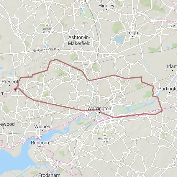 Map miniature of "Rainhill to Croft Loop" cycling inspiration in Merseyside, United Kingdom. Generated by Tarmacs.app cycling route planner