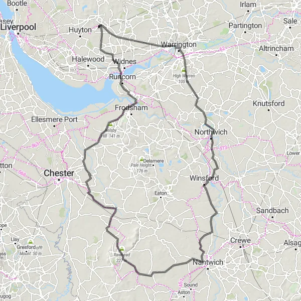 Map miniature of "Rainhill to Runcorn Challenge" cycling inspiration in Merseyside, United Kingdom. Generated by Tarmacs.app cycling route planner