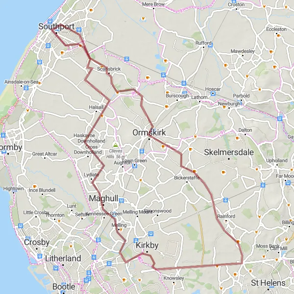 Map miniature of "Scenic Kirkby Gravel Route" cycling inspiration in Merseyside, United Kingdom. Generated by Tarmacs.app cycling route planner