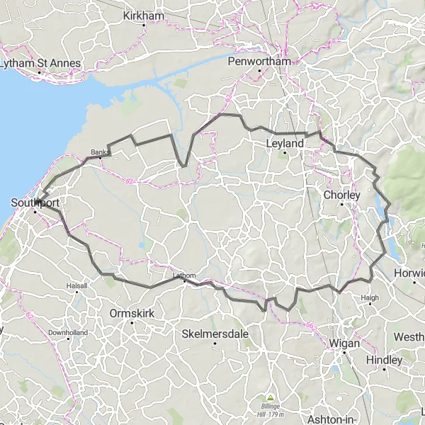 Map miniature of "Discover Tarleton" cycling inspiration in Merseyside, United Kingdom. Generated by Tarmacs.app cycling route planner
