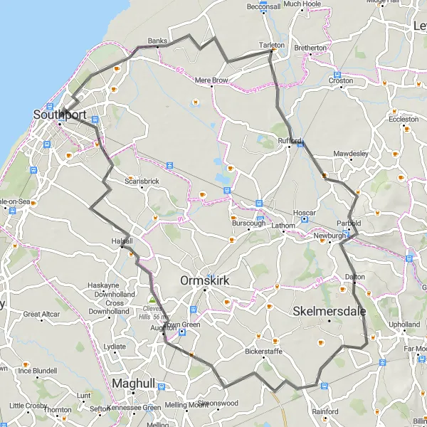 Map miniature of "Southport - Parbold - Clieves Hills" cycling inspiration in Merseyside, United Kingdom. Generated by Tarmacs.app cycling route planner