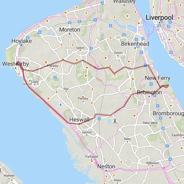 Map miniature of "Prenton and Caldy Gravel Loop" cycling inspiration in Merseyside, United Kingdom. Generated by Tarmacs.app cycling route planner