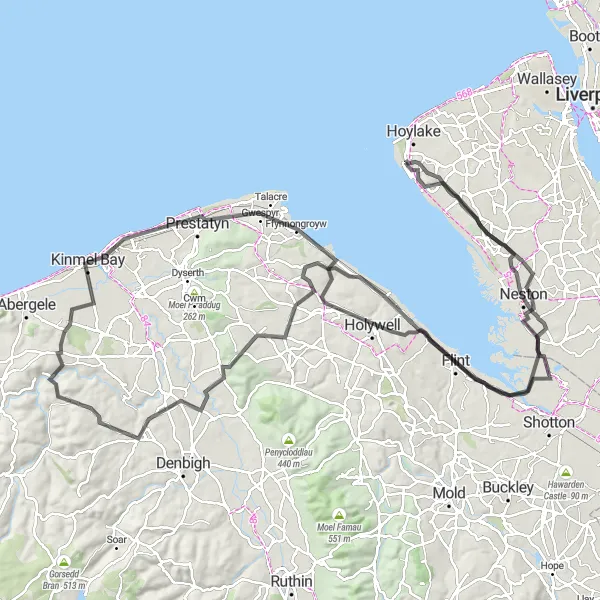 Map miniature of "Flint and Rhyl Road Adventure" cycling inspiration in Merseyside, United Kingdom. Generated by Tarmacs.app cycling route planner