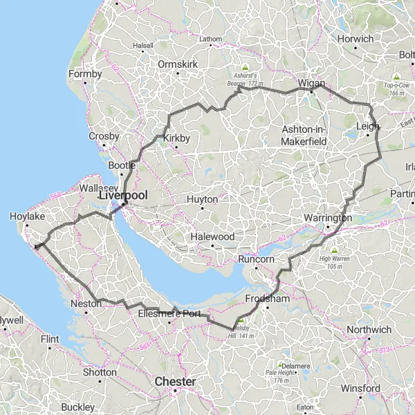 Map miniature of "Liverpool and Halton Castle Road Tour" cycling inspiration in Merseyside, United Kingdom. Generated by Tarmacs.app cycling route planner