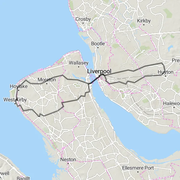 Map miniature of "Coastal Delights" cycling inspiration in Merseyside, United Kingdom. Generated by Tarmacs.app cycling route planner