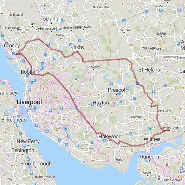 Map miniature of "The Gravel Loop" cycling inspiration in Merseyside, United Kingdom. Generated by Tarmacs.app cycling route planner