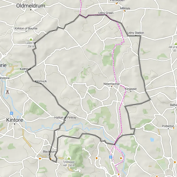Map miniature of "The Udny Station Route" cycling inspiration in North Eastern Scotland, United Kingdom. Generated by Tarmacs.app cycling route planner