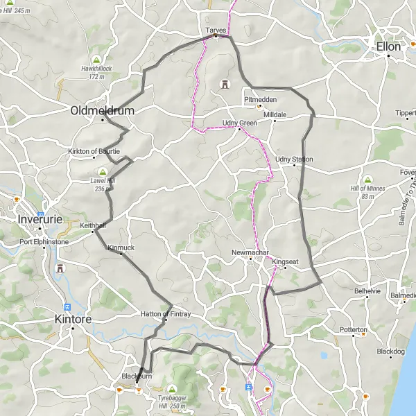 Map miniature of "The Kinmuck Loop" cycling inspiration in North Eastern Scotland, United Kingdom. Generated by Tarmacs.app cycling route planner