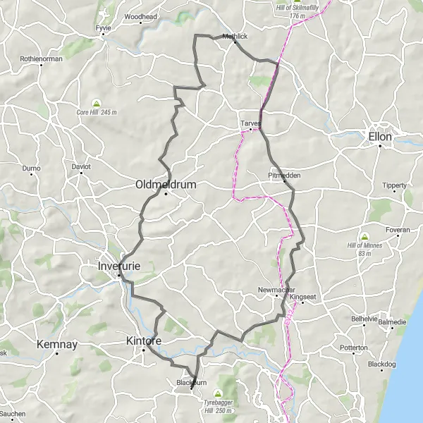 Map miniature of "Pitmedden and Hawkhillock Loop" cycling inspiration in North Eastern Scotland, United Kingdom. Generated by Tarmacs.app cycling route planner