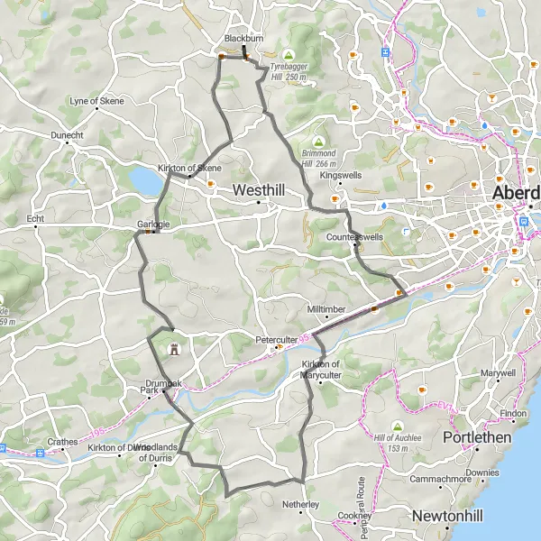 Map miniature of "Countesswells and Drumoak Loop" cycling inspiration in North Eastern Scotland, United Kingdom. Generated by Tarmacs.app cycling route planner