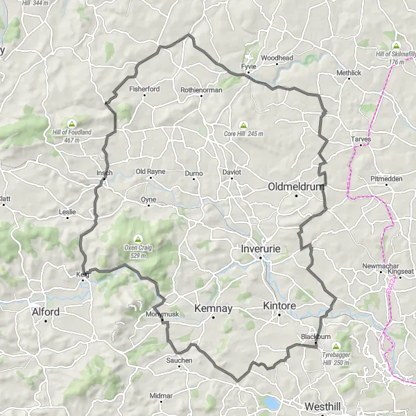 Map miniature of "The Auchleven Adventure" cycling inspiration in North Eastern Scotland, United Kingdom. Generated by Tarmacs.app cycling route planner