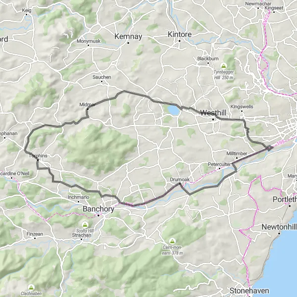 Map miniature of "Cults to Cults Hills Circuit" cycling inspiration in North Eastern Scotland, United Kingdom. Generated by Tarmacs.app cycling route planner