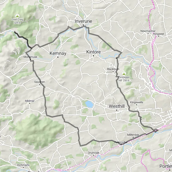 Map miniature of "Monymusk Adventure" cycling inspiration in North Eastern Scotland, United Kingdom. Generated by Tarmacs.app cycling route planner