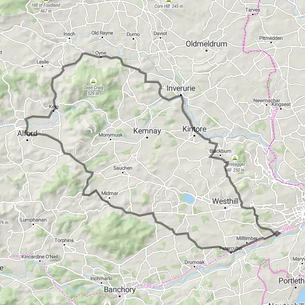 Map miniature of "Auchleven Adventure" cycling inspiration in North Eastern Scotland, United Kingdom. Generated by Tarmacs.app cycling route planner