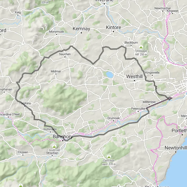 Map miniature of "Kirkton of Durris to Cults Adventure" cycling inspiration in North Eastern Scotland, United Kingdom. Generated by Tarmacs.app cycling route planner