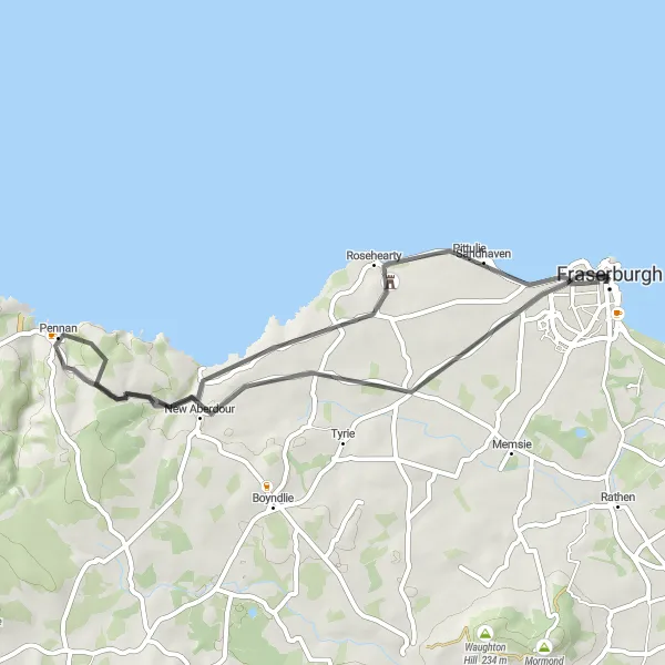 Map miniature of "Fraserburgh to Rosehearty Loop" cycling inspiration in North Eastern Scotland, United Kingdom. Generated by Tarmacs.app cycling route planner