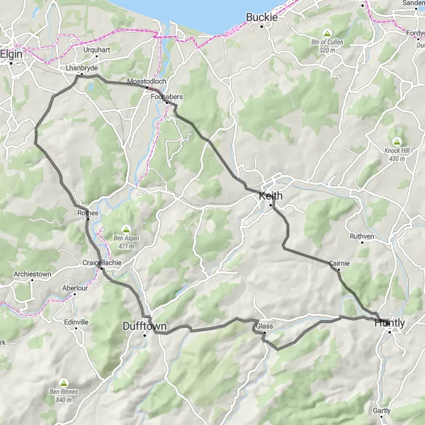 Map miniature of "Speyside Adventure" cycling inspiration in North Eastern Scotland, United Kingdom. Generated by Tarmacs.app cycling route planner