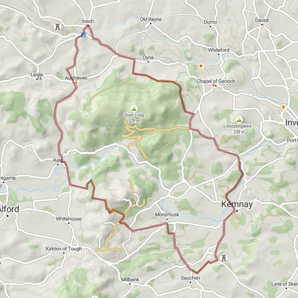 Map miniature of "Oyne Gravel Adventure" cycling inspiration in North Eastern Scotland, United Kingdom. Generated by Tarmacs.app cycling route planner