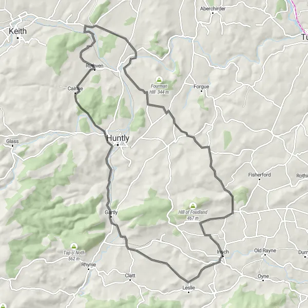 Map miniature of "Boddum Hill and Insch Loop" cycling inspiration in North Eastern Scotland, United Kingdom. Generated by Tarmacs.app cycling route planner