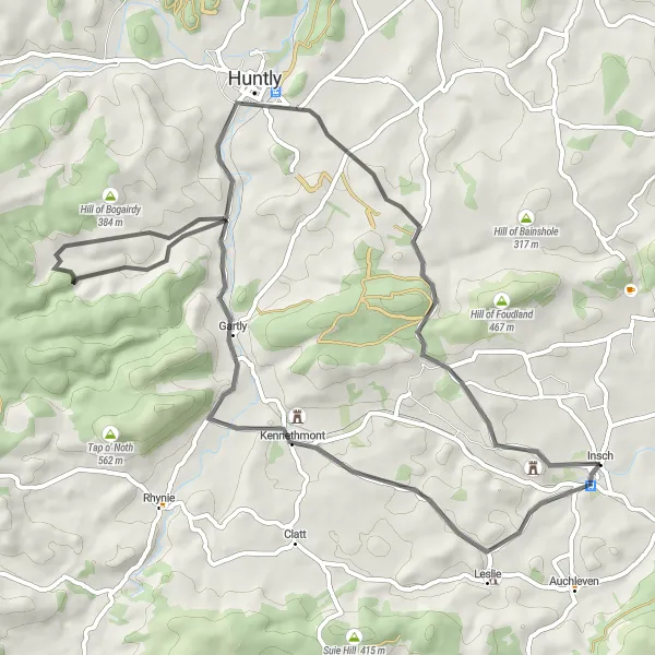 Map miniature of "Leith Hall and Hill of Dunnideer Road Ride" cycling inspiration in North Eastern Scotland, United Kingdom. Generated by Tarmacs.app cycling route planner