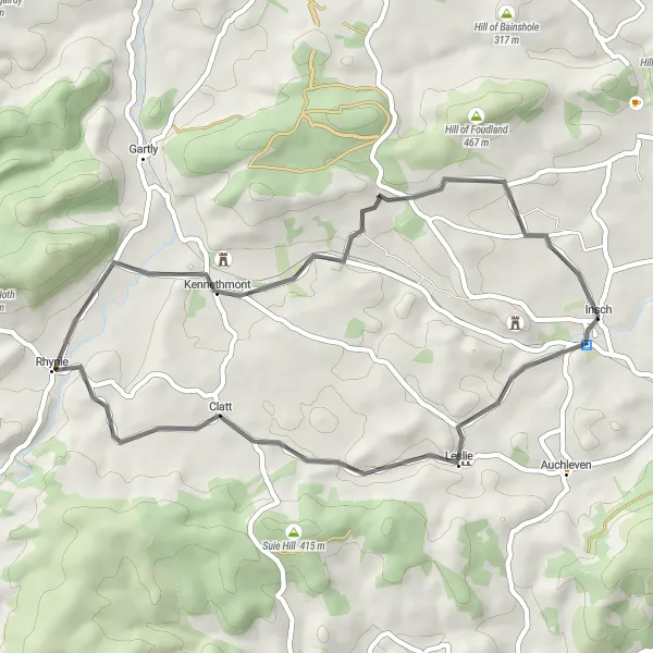 Map miniature of "Gallow Hill and Rhynie Scenic Ride" cycling inspiration in North Eastern Scotland, United Kingdom. Generated by Tarmacs.app cycling route planner