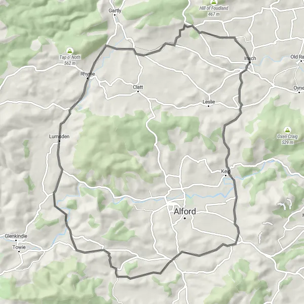 Map miniature of "Scenic Ride from Insch to Rhynie" cycling inspiration in North Eastern Scotland, United Kingdom. Generated by Tarmacs.app cycling route planner