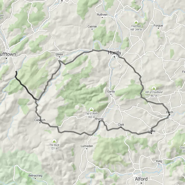 Map miniature of "Insch to Cabrach Scenic Road Ride" cycling inspiration in North Eastern Scotland, United Kingdom. Generated by Tarmacs.app cycling route planner