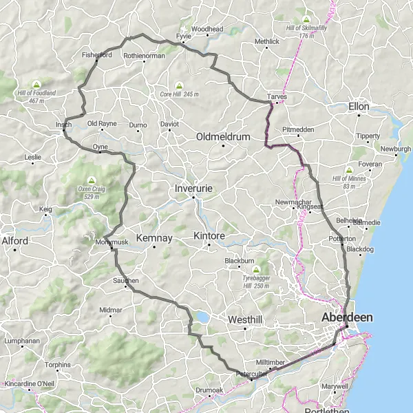 Map miniature of "Insch to Tillyhilt Loop" cycling inspiration in North Eastern Scotland, United Kingdom. Generated by Tarmacs.app cycling route planner