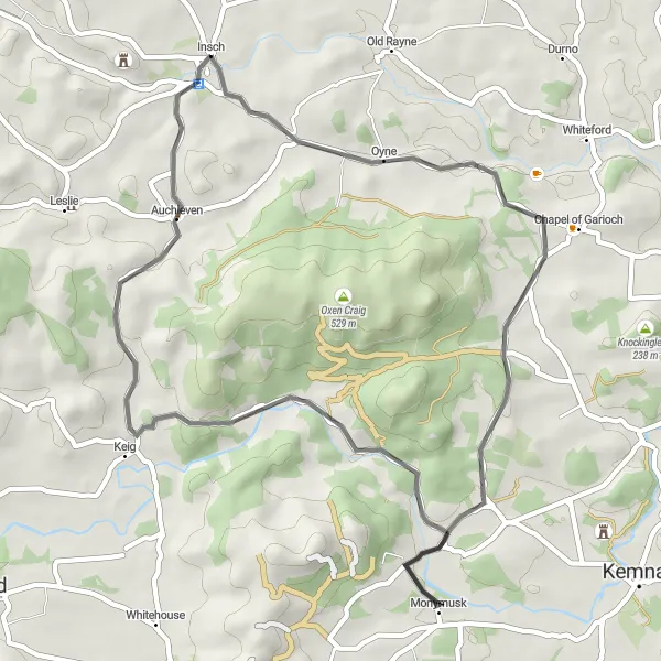 Map miniature of "Insch to Monymusk Road Ride" cycling inspiration in North Eastern Scotland, United Kingdom. Generated by Tarmacs.app cycling route planner