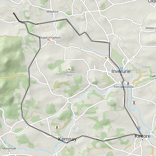 Map miniature of "Inverurie Road Loop" cycling inspiration in North Eastern Scotland, United Kingdom. Generated by Tarmacs.app cycling route planner