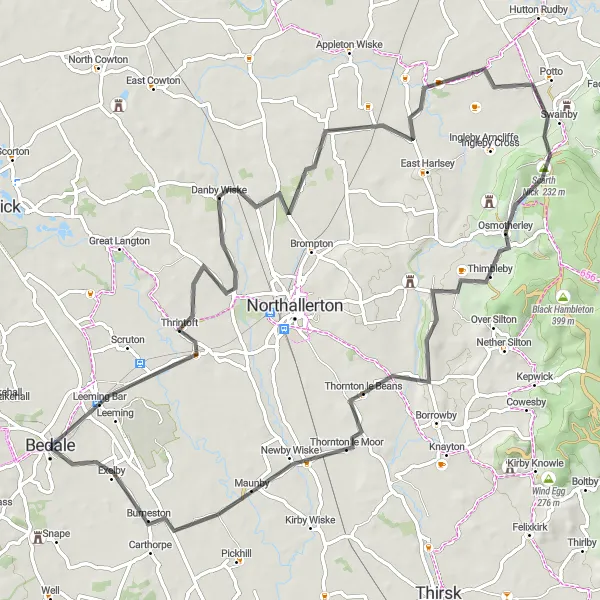 Map miniature of "The Morton-on-Swale Scenic Ride" cycling inspiration in North Yorkshire, United Kingdom. Generated by Tarmacs.app cycling route planner