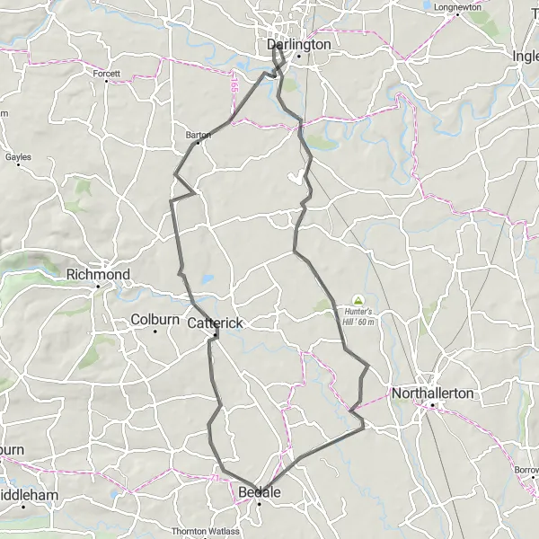 Map miniature of "The Bedale Loop" cycling inspiration in North Yorkshire, United Kingdom. Generated by Tarmacs.app cycling route planner