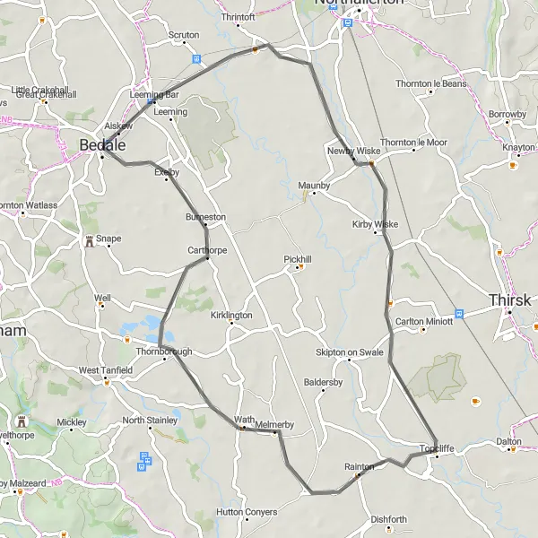 Map miniature of "The Warlaby Loop" cycling inspiration in North Yorkshire, United Kingdom. Generated by Tarmacs.app cycling route planner