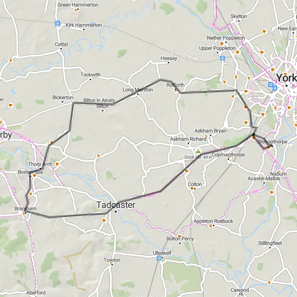 Map miniature of "The Tadcaster Loop" cycling inspiration in North Yorkshire, United Kingdom. Generated by Tarmacs.app cycling route planner