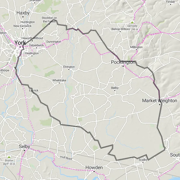 Map miniature of "York and Market Weighton Adventure" cycling inspiration in North Yorkshire, United Kingdom. Generated by Tarmacs.app cycling route planner