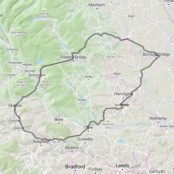 Map miniature of "Knaresborough and Skipton Adventure" cycling inspiration in North Yorkshire, United Kingdom. Generated by Tarmacs.app cycling route planner