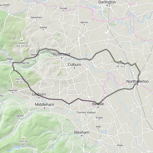 Map miniature of "Scenic Ride to Richmond" cycling inspiration in North Yorkshire, United Kingdom. Generated by Tarmacs.app cycling route planner