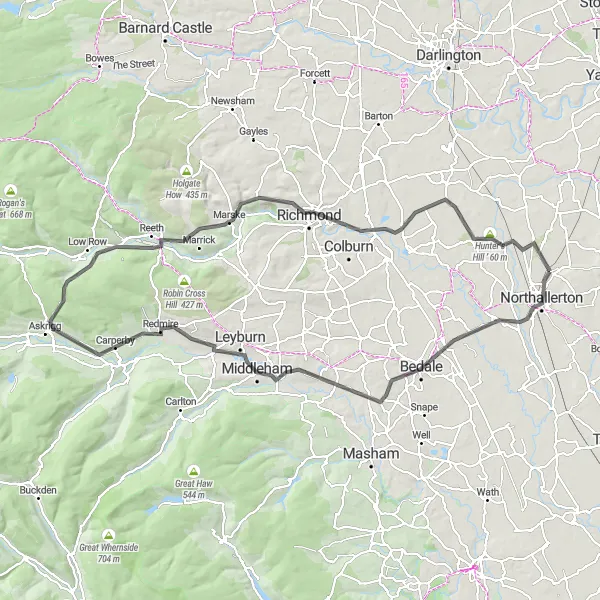 Map miniature of "Northallerton and Reeth Road Ride" cycling inspiration in North Yorkshire, United Kingdom. Generated by Tarmacs.app cycling route planner