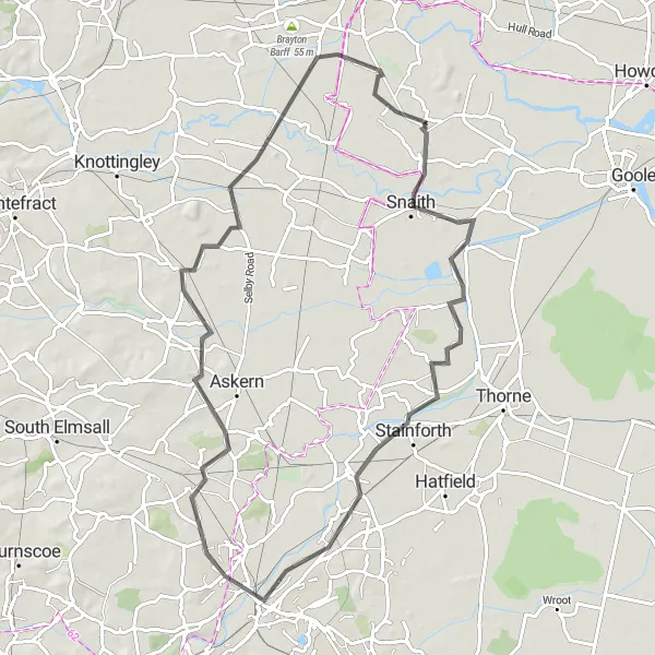 Map miniature of "The East Cowick and Doncaster Circuit" cycling inspiration in North Yorkshire, United Kingdom. Generated by Tarmacs.app cycling route planner