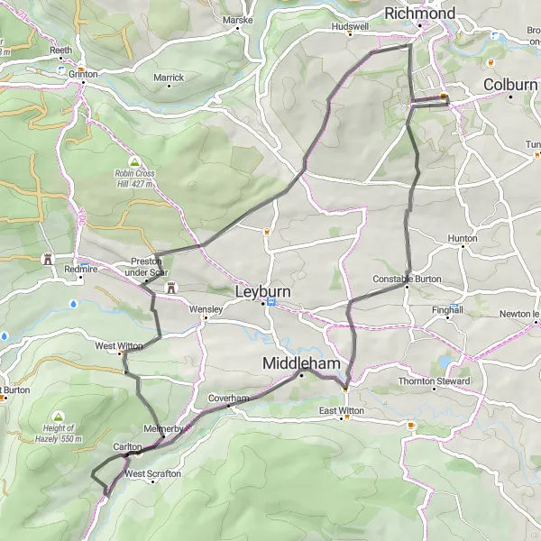 Map miniature of "Wandering Through the Dales" cycling inspiration in North Yorkshire, United Kingdom. Generated by Tarmacs.app cycling route planner