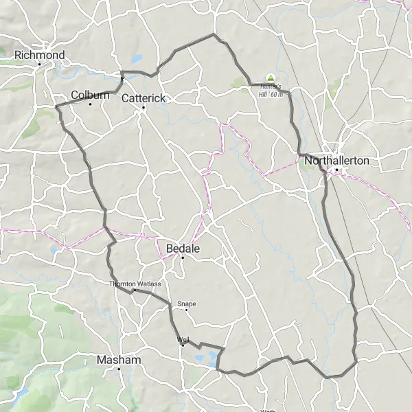 Map miniature of "Villages and Valleys" cycling inspiration in North Yorkshire, United Kingdom. Generated by Tarmacs.app cycling route planner