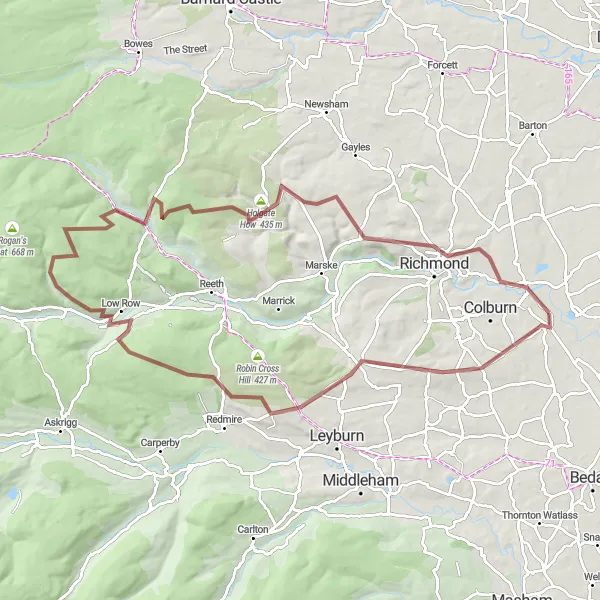 Map miniature of "Catterick Gravel Loop" cycling inspiration in North Yorkshire, United Kingdom. Generated by Tarmacs.app cycling route planner