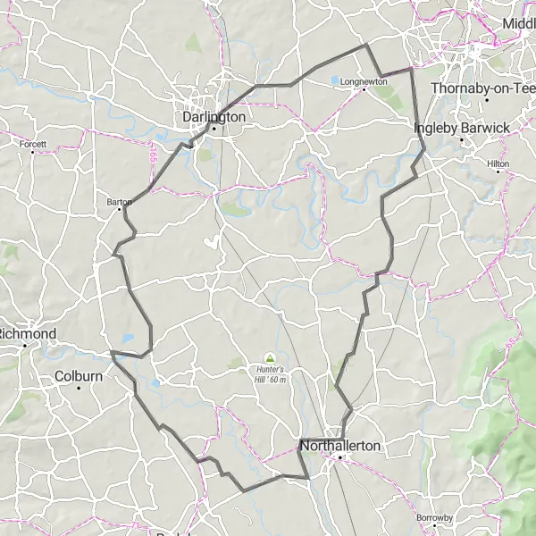 Map miniature of "Scenic Ride to Northallerton" cycling inspiration in North Yorkshire, United Kingdom. Generated by Tarmacs.app cycling route planner