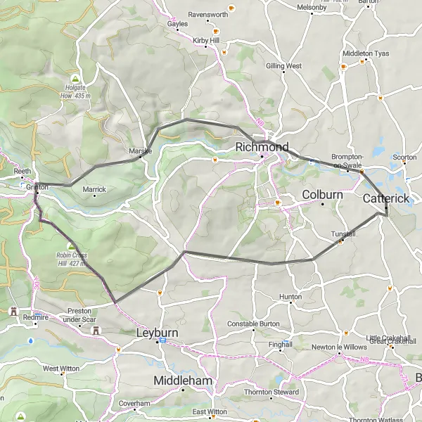 Map miniature of "The Richmond Loop" cycling inspiration in North Yorkshire, United Kingdom. Generated by Tarmacs.app cycling route planner