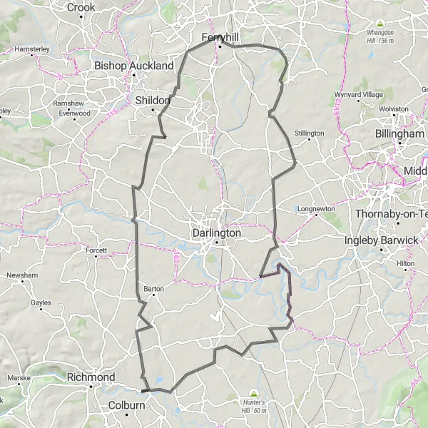 Map miniature of "Catterick Loop through Northallerton and Brompton-on-Swale" cycling inspiration in North Yorkshire, United Kingdom. Generated by Tarmacs.app cycling route planner