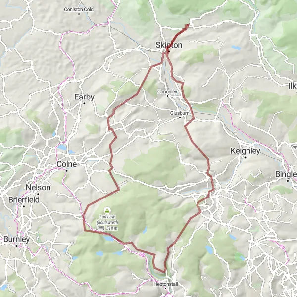 Map miniature of "Skipton to Carleton-in-Craven Gravel Ride" cycling inspiration in North Yorkshire, United Kingdom. Generated by Tarmacs.app cycling route planner