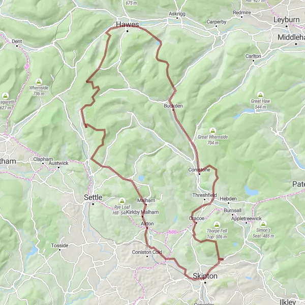 Map miniature of "Skipton to Hawes Gravel Challenge" cycling inspiration in North Yorkshire, United Kingdom. Generated by Tarmacs.app cycling route planner