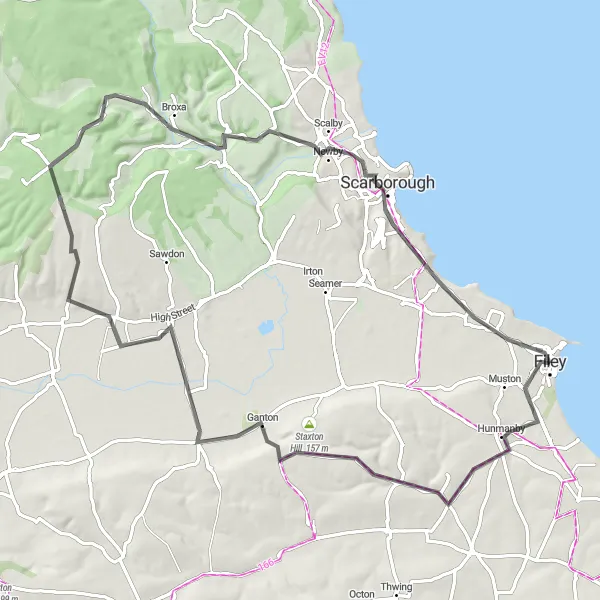 Map miniature of "Filey and Scarborough Loop" cycling inspiration in North Yorkshire, United Kingdom. Generated by Tarmacs.app cycling route planner