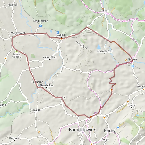 Map miniature of "The Craven Valley Gravel Loop" cycling inspiration in North Yorkshire, United Kingdom. Generated by Tarmacs.app cycling route planner